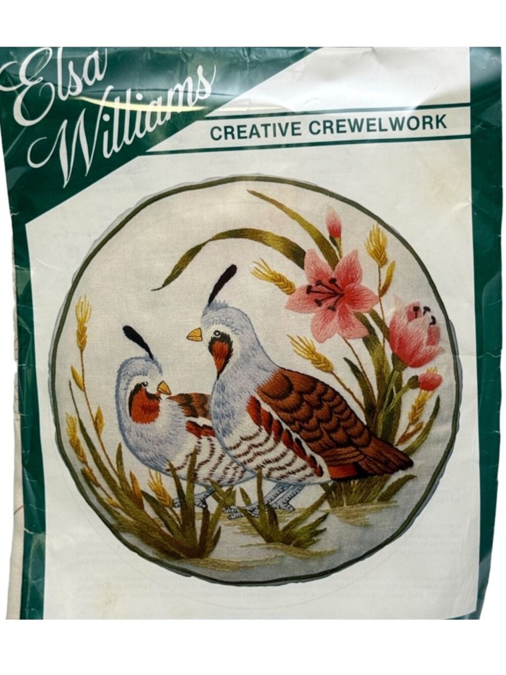 ELSA WILLIAMS Crewel Embroidery Pillow Kit 13" Partridges Flowers Partial